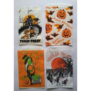 Vintage Halloween Candy Trick Or Treat Bags Green Witch Haunted House Lot Of 4